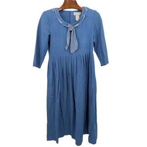 Vtg 80s Sailor Necktie Collar Denim Dress Sz 14 Cottagecore Nautical Coastal
